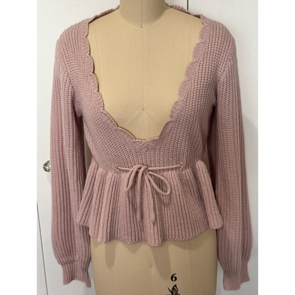 Unbranded Sweaters - Unbranded scallop trim Deep v-neck drawstring ruffle hem Sweater Size S Pink